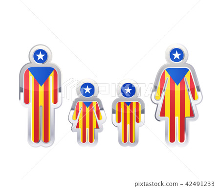 Glossy metal badge icon in man, woman and childrens shapes with Catalonia flag, infographic element 42491233