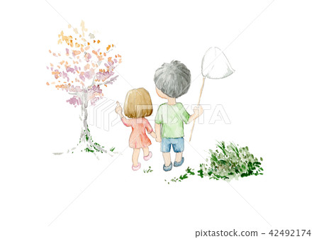 Brother and sister, insect catching, boy and girl, hand-drawn watercolor 42492174
