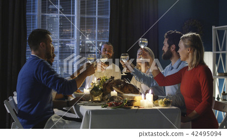 Friends toasting at table on Thanksgiving day Friends toasting at table on Thanksgiving day 42495094