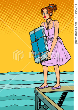 Woman suicide with smartphone on neck wants to drown herself Woman suicide with smartphone on neck wants to drown herself 42495231