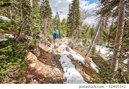 Tourist with backpack hiking on snowy trail Tourist with backpack hiking on snowy trail 42495342
