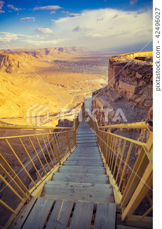 Wooden footpath around the mountain on Masada Wooden footpath around the mountain on Masada 42496027
