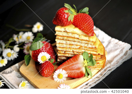 pancakes with strawberries, delicious homemade breakfast. Copy spase 42501040