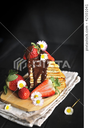 pancakes with strawberries and chocolate, delicious homemade breakfast. 42501041