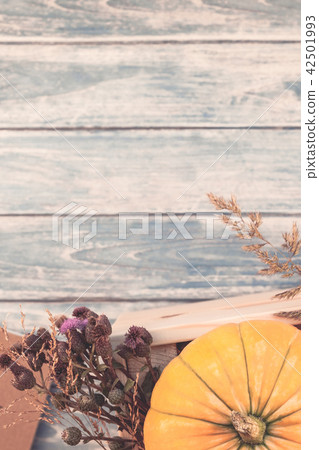 Autumn pumpkins and dry flowers flat lay 42501993