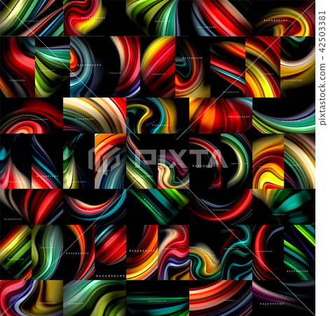 Mega collection of liquid abstract backgrounds, fluid mixing flowing colors on black. Modern 42503381