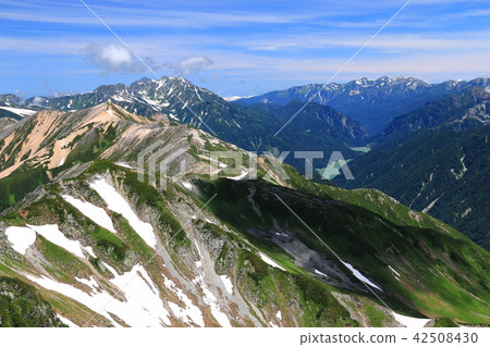 從北阿爾卑斯山的Kishidake山，山脈山，劍道，下摩山山脈，黑部湖遙遠的山頂山 42508430