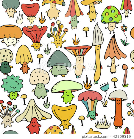 Smiling mushrooms, seamless pattern for your design 42509519