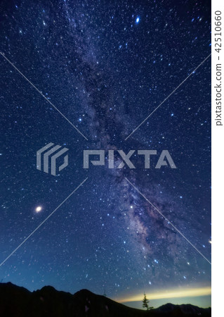 來自北阿爾卑斯山/冷水池的夏季銀河系和火星 42510660