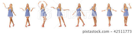 Caucasian woman in plaid blue dress isolated on white 42511773