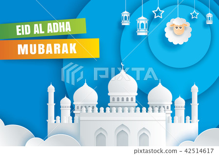 Eid Al Adha Mubarak card with mosque and sheep Eid Al Adha Mubarak card with mosque and sheep 42514617