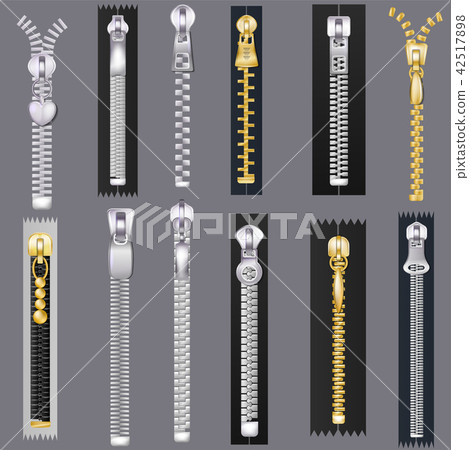 Zipper vector zip slide-fastener for clothing and closed metal fastener lock illustration set of Zipper vector zip slide-fastener for clothing and closed metal fastener lock illustration set of 42517898