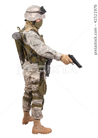 US soldier with handgun on white background 42521976