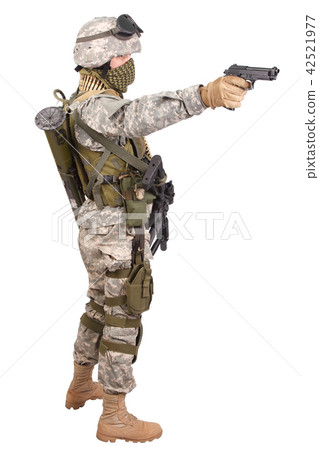 US soldier with handgun on white background 42521977