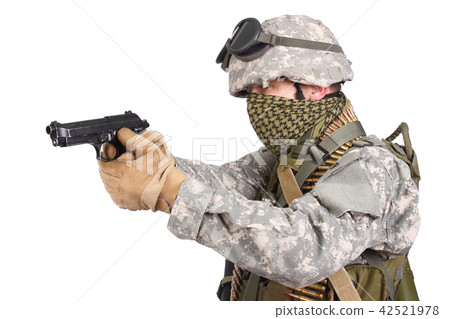 US soldier with handgun on white background 42521978