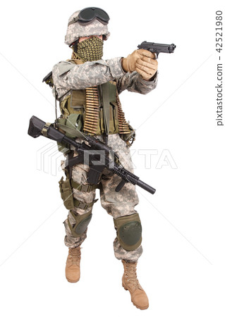 US soldier with handgun on white background 42521980