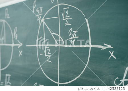 School math lesson. Trigonometry. Chalkboard Function graphs. 42522123