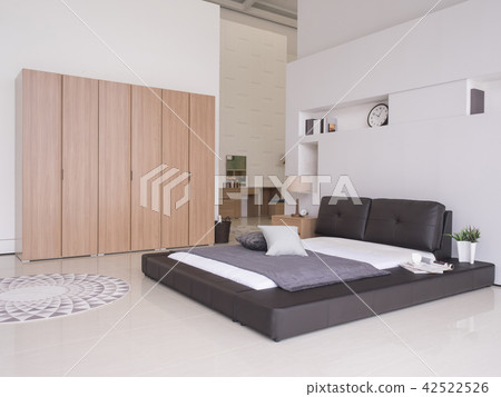 Bedroom with bed and wardrobe interior Bedroom with bed and wardrobe interior 42522526