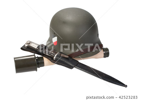 German Army helmet, hand grenade an bayonet  42523283