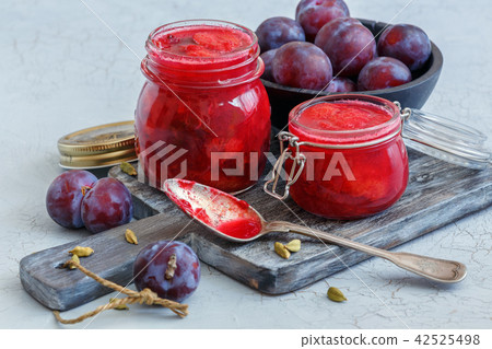 Homemade plum jam with cardamom. 42525498