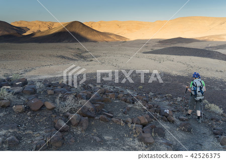 Hiking tourist in desert trek adventure Hiking tourist in desert trek adventure 42526375
