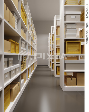 warehouse interior with rows of shelves with boxes 42526607