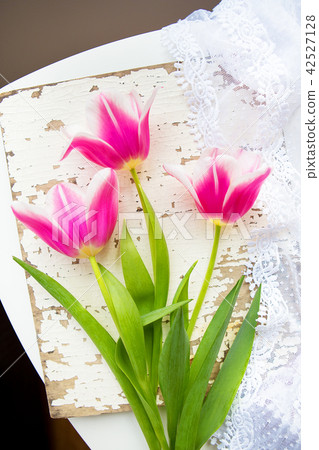 Three beautiful pink tulips on old white table 42527128