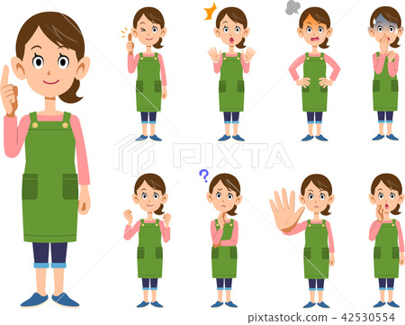 9 different gestures and expressions of a woman wearing an apron_full body 42530554