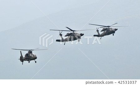 Formation flight of the Ground Self Defense Force helicopter (Opposite left OH - 1 observation helicopter, the other two UH - 60 multi - use helicopter) Formation flight of the Ground Self Defense Force helicopter (Opposite left OH - 1 observation helicopter, the other two UH - 60 multi - use helicopter) 42531037