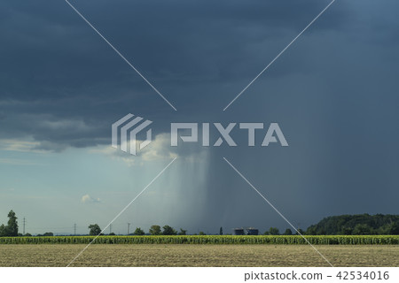 Storm front with rain and blue sky. Storm front with rain and blue sky. 42534016