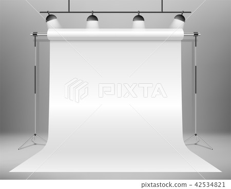 Realistic empty white photo studio backdrop template. photographer studio backdrop stand with Realistic empty white photo studio backdrop template. photographer studio backdrop stand with 42534821