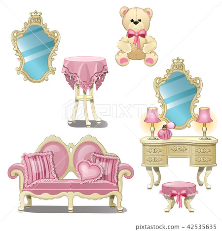 Furniture for interior girl room in pink color isolated on white background. Vector cartoon close-up 42535635