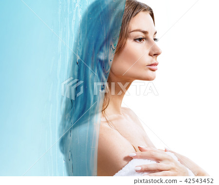 Sensual woman under water splash with fresh skin. Sensual woman under water splash with fresh skin. 42543452