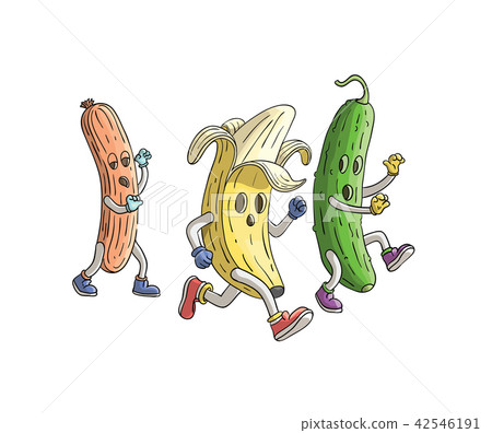 Banana and cucumber run from zombie sausage. Veggi Banana and cucumber run from zombie sausage. Veggi 42546191