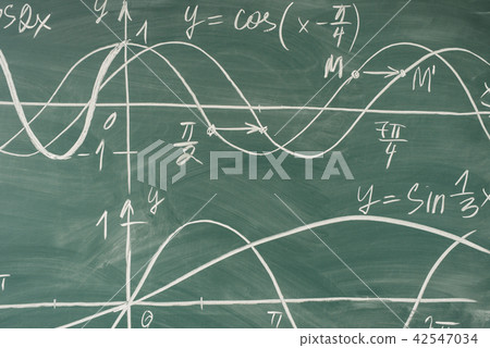 School math lesson. Trigonometry. Chalkboard Function graphs. School math lesson. Trigonometry. Chalkboard Function graphs. 42547034