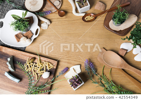 Baking or cooking background. Organic food, kitchenware. Top view with text space. Baking or cooking background. Organic food, kitchenware. Top view with text space. 42554349