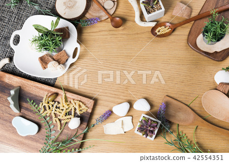 Baking or cooking background. Organic food, kitchenware. Top view with text space. 42554351
