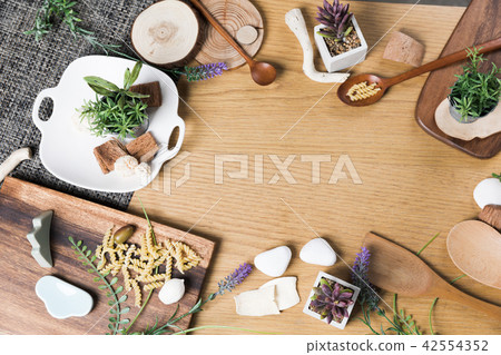 Baking or cooking background. Organic food, kitchenware. Top view with text space. 42554352