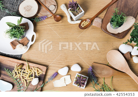 Baking or cooking background. Organic food, kitchenware. Top view with text space. Baking or cooking background. Organic food, kitchenware. Top view with text space. 42554353