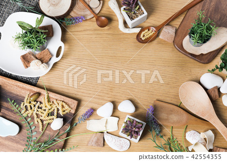 Baking or cooking background. Organic food, kitchenware. Top view with text space. 42554355