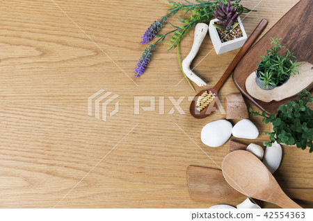 Baking or cooking background. Organic food, kitchenware. Top view with text space. 42554363