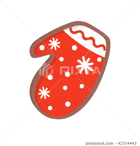 Holiday gingerbread in shape of winter mitten. Tasty biscuit cookie decorated with colored icing Holiday gingerbread in shape of winter mitten. Tasty biscuit cookie decorated with colored icing 42554443