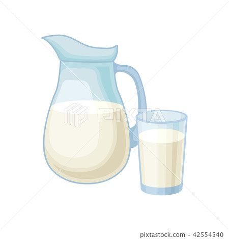Pitcher and glass of milk, healthy fresh dairy product vector Illustration on a white background 42554540