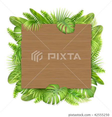 wooden sign with tropical leaves 42555250