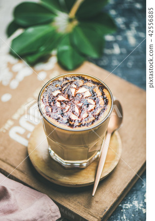 Classic Latte coffee with chocolate sauce pattern in glass 42556885