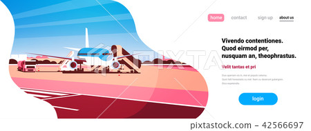 Airport terminal aircraft flying plane taking off waiting to board passengers flat horizontal banner 42566697