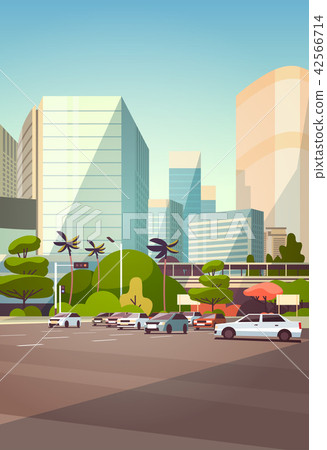 City car parking over skyscraper buildings modern cityscape background vertical flat City car parking over skyscraper buildings modern cityscape background vertical flat 42566714