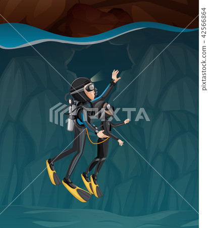Underground cave scene with divers Underground cave scene with divers 42566864