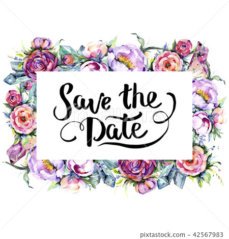 Watercolor bouquet pink peony flowes. Floral botanical flower. Frame border ornament square. 42567983