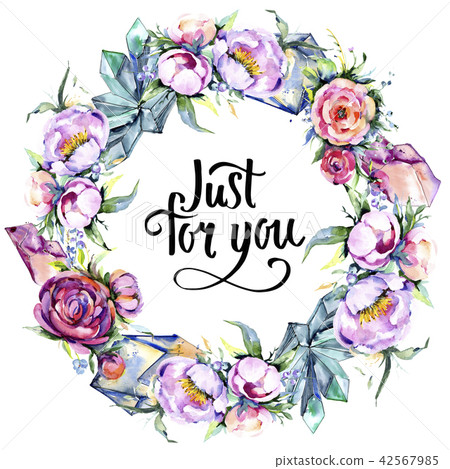 Watercolor bouquet pink peony flowes. Floral botanical flower. Frame border ornament square. Watercolor bouquet pink peony flowes. Floral botanical flower. Frame border ornament square. 42567985